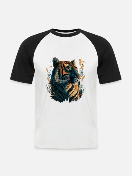 Tiger in High Gras - Männer Baseball-T-Shirt - Weiß/Schwarz