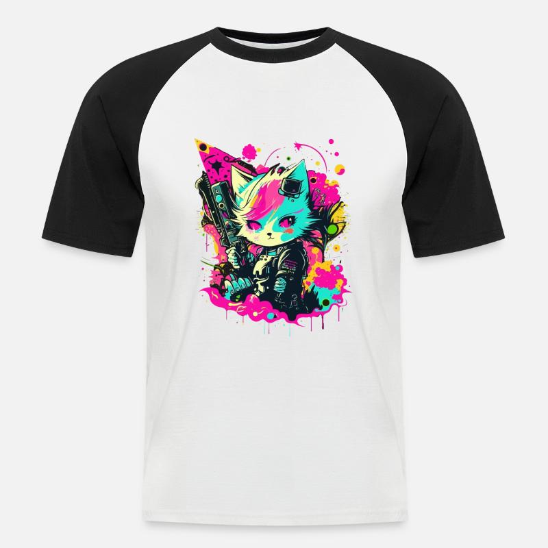 Cyper Warrior Kitty - Männer Baseball-T-Shirt - Weiß/Schwarz