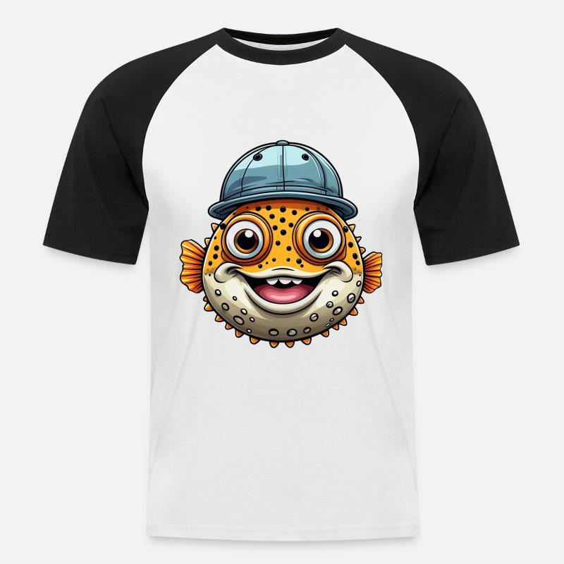 Cooler Kugelfisch mit Basecap - Männer Baseball-T-Shirt - Weiß/Schwarz