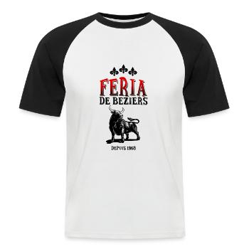 Féria de Béziers logo noir & rouge - T-shirt baseball manches courtes Homme - blanc/noir - Devant - Nik (191cm)