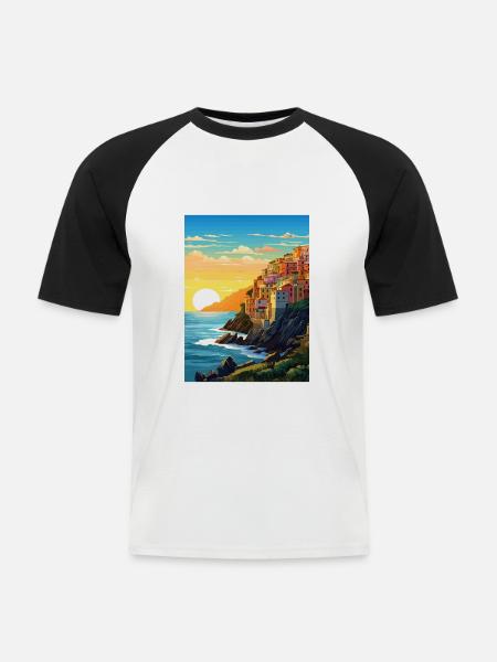 Cinque Terre Italie Décoration Patmos Affiche De Voyage - T-shirt baseball manches courtes Homme - blanc/noir