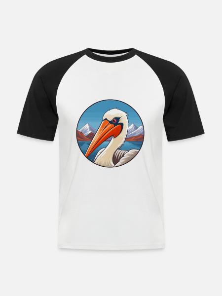 Pelican Akvarel Tegneserie Kawaii Pet Animal Color - Kortærmet herre-baseballshirt - hvid/sort