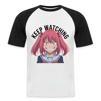 Keep watching, crazy, anime, pink hair, black text - Männer Baseball-T-Shirt - Weiß/Schwarz - Vorne - Nik (191cm)