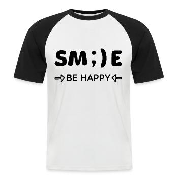 Sourire - Être heureux - Pensée positive - T-shirt baseball manches courtes Homme - blanc/noir - Devant - Nik (191cm)