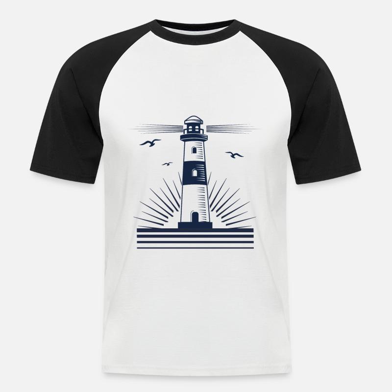 Leuchtturm mit Möwen - Männer Baseball-T-Shirt - Weiß/Schwarz