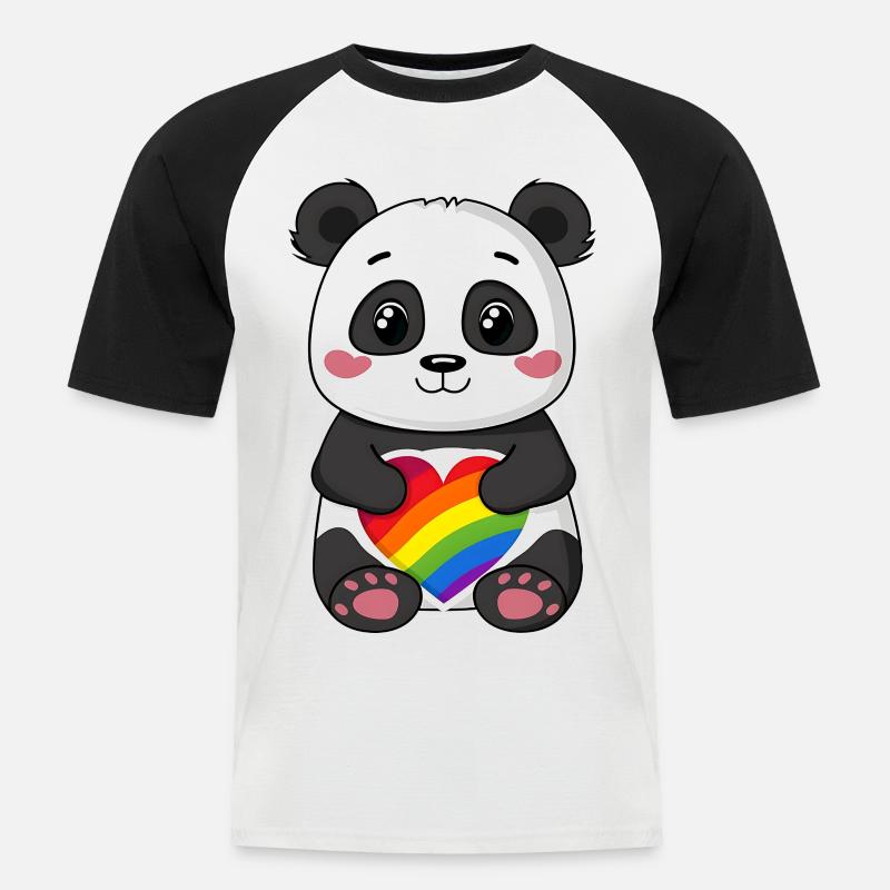 Panda-Karikatur mit einem Pride-Regenbogenherz - Männer Baseball-T-Shirt - Weiß/Schwarz