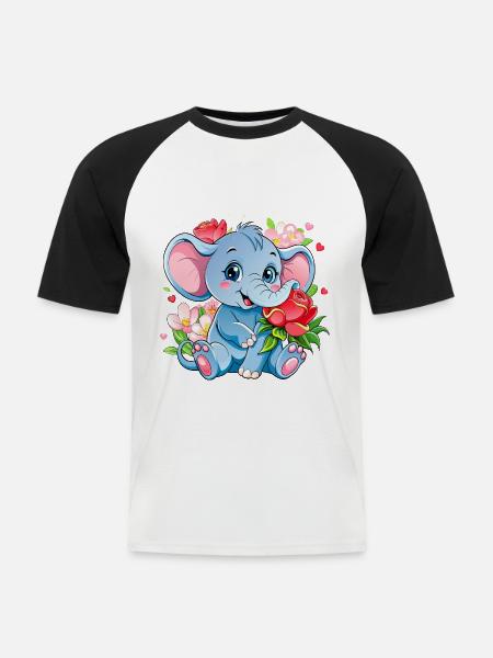 Blumenliebender Babyelefant - Männer Baseball-T-Shirt - Weiß/Schwarz