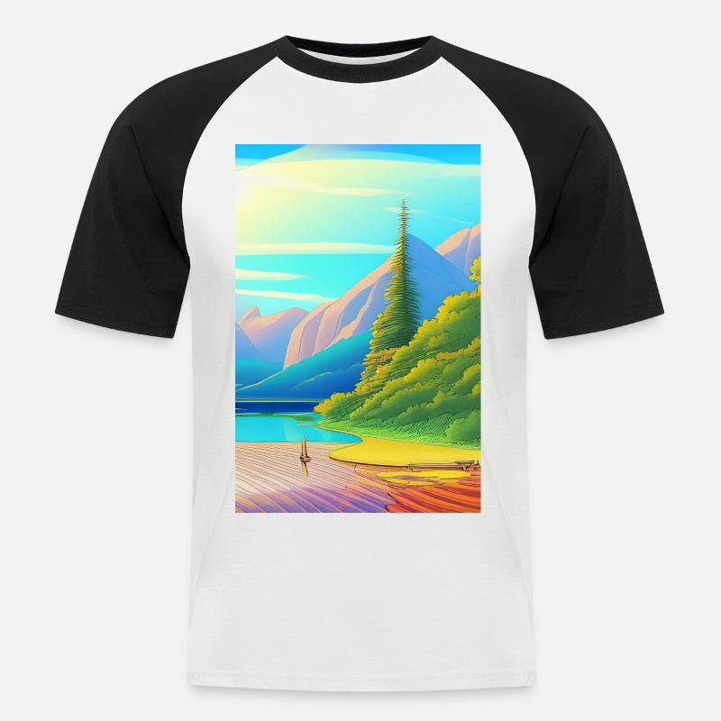 Landschaft mit See, Boot und Berge - Männer Baseball-T-Shirt - Weiß/Schwarz