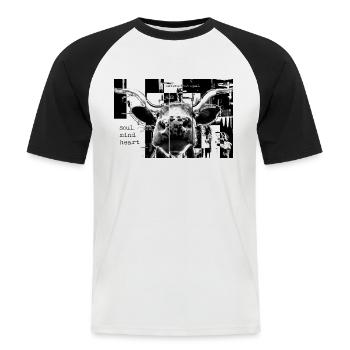 Vache // Longhorn // Droits des animaux - T-shirt baseball manches courtes Homme - blanc/noir - Devant - Nik (191cm)
