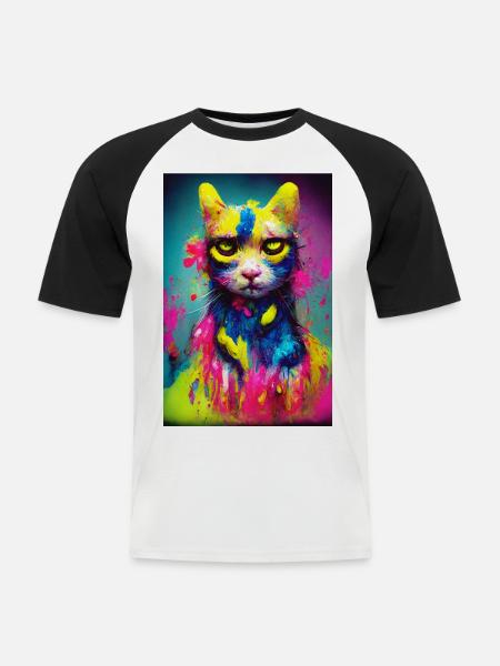 Katze Neonfarben - Männer Baseball-T-Shirt - Weiß/Schwarz