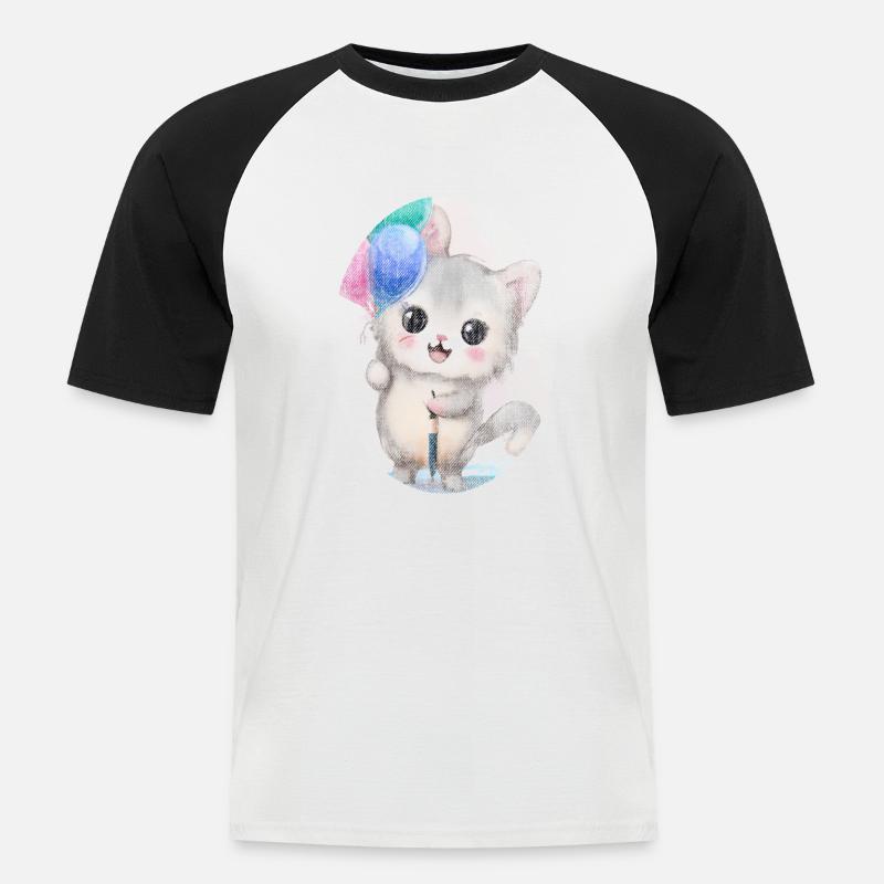 Kätzchen Katze mit Luftballon Gemälde - Männer Baseball-T-Shirt - Weiß/Schwarz