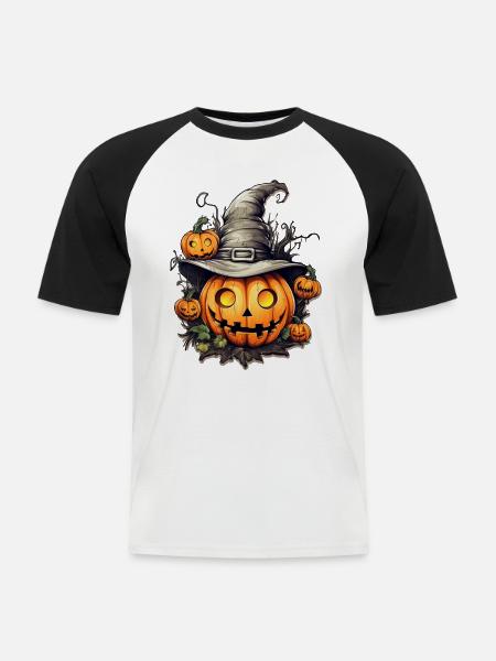 Kürbiskopf mit Hexenhut, Halloween - Männer Baseball-T-Shirt - Weiß/Schwarz