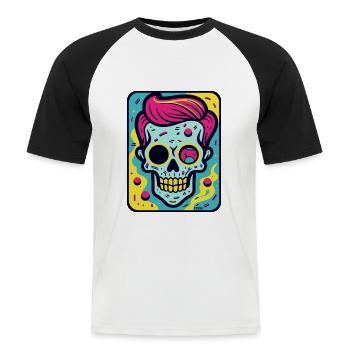 Drôle, Cool Pop Art Crâne Crâne - T-shirt baseball manches courtes Homme - blanc/noir - Devant - Nik (191cm)