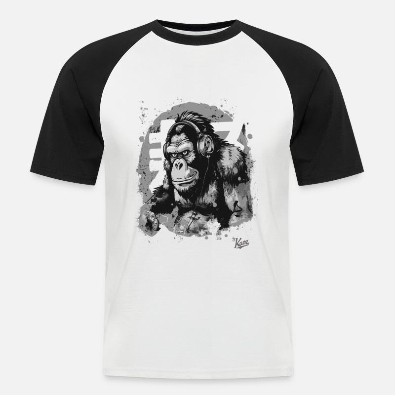 Funky Musik Kopfhörer Schimpansen-Affe - Männer Baseball-T-Shirt - Weiß/Schwarz