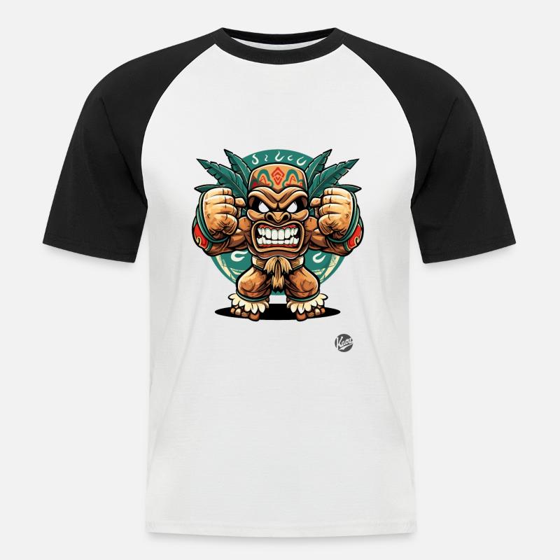 Wütender Maya-Aztekischer Dschungel-Tiki-Gott - Männer Baseball-T-Shirt - Weiß/Schwarz