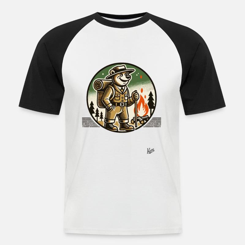 Wanderer- und Camping-Bär - Männer Baseball-T-Shirt - Weiß/Schwarz