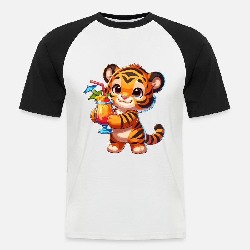 Süßer Tiger mit Drink - Männer Baseball-T-Shirt - Weiß/Schwarz