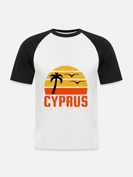 Chypre (demi-soleil, palmier, deux oiseaux) - T-shirt baseball manches courtes Homme - blanc/noir