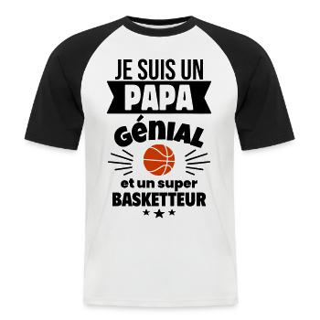 Papa génial & basketteur – idée fête des pères - T-shirt baseball manches courtes Homme - blanc/noir - Devant - Nik (191cm)