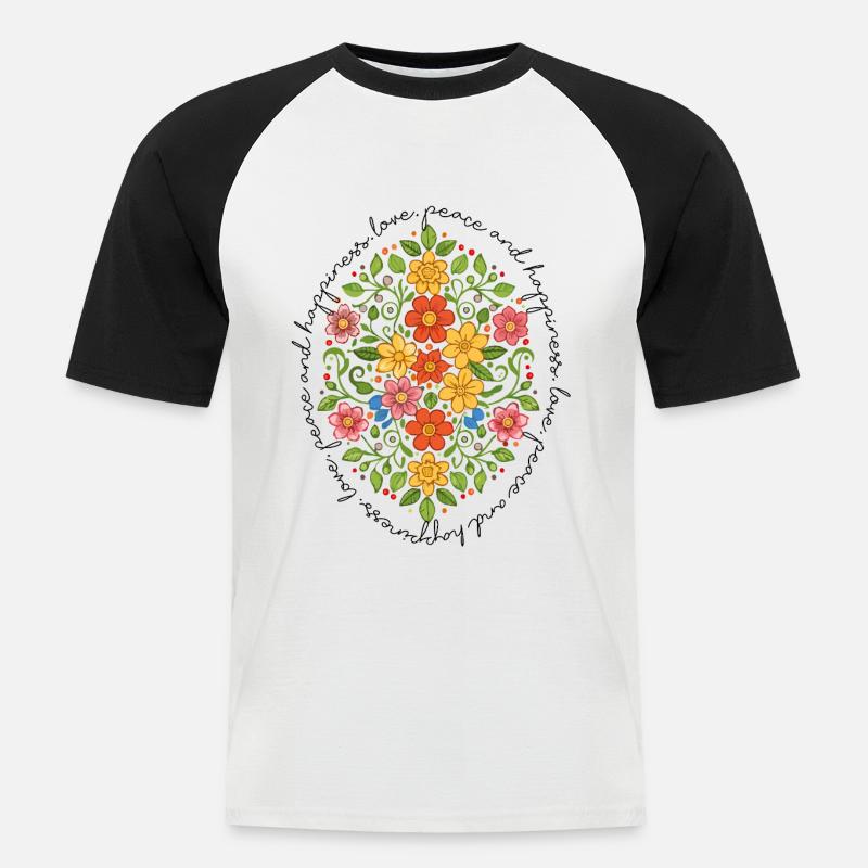Amore, pace e felicità (disegno floreale) - Maglia da baseball a manica corta da uomo - bianco/nero