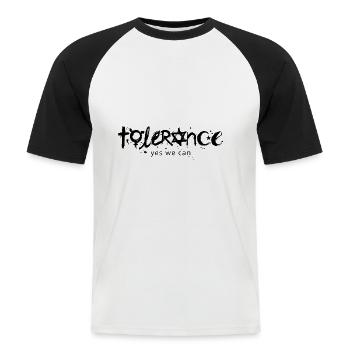 TOLERANZ "yes we can" - Männer Baseball-T-Shirt - Weiß/Schwarz - Vorne - Nik (191cm)