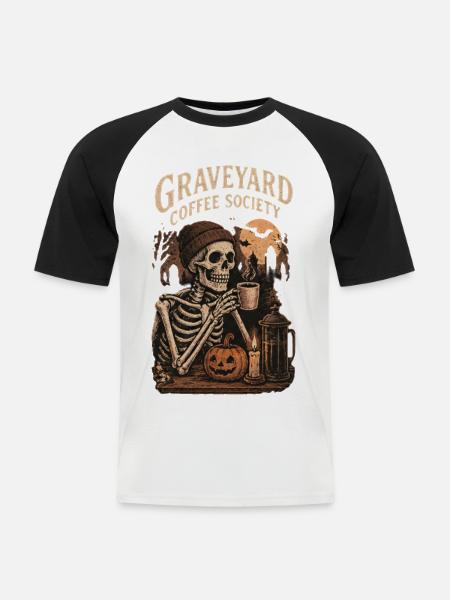 Graveyard Coffee Society – Halloween Skeleton - Männer Baseball-T-Shirt - Weiß/Schwarz