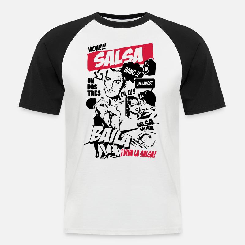 Salsa-comic - Männer Baseball-T-Shirt - Weiß/Schwarz