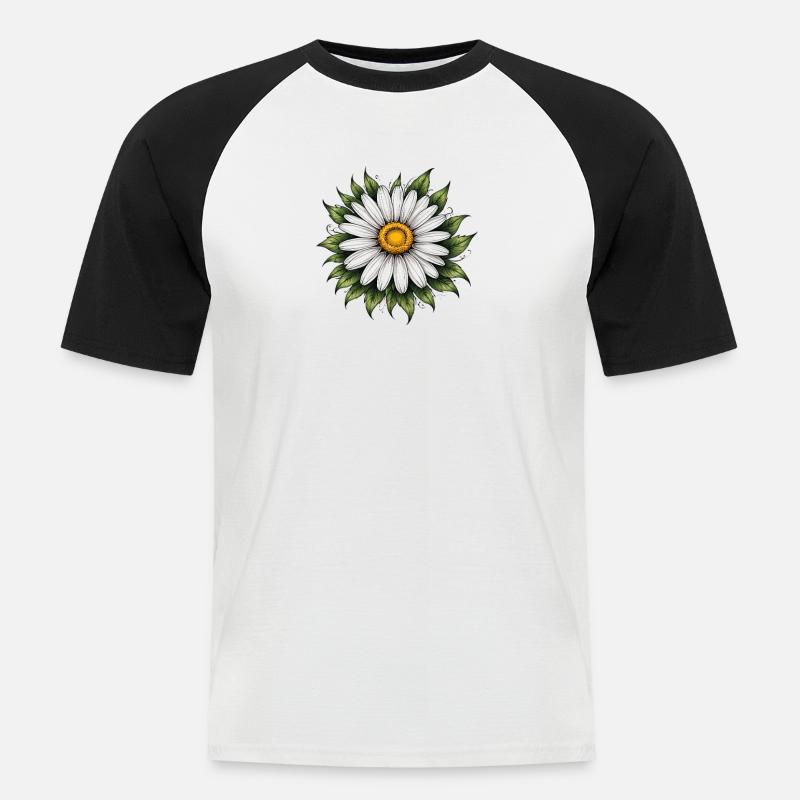 Daisy Bloom mit Blättern - Männer Baseball-T-Shirt - Weiß/Schwarz
