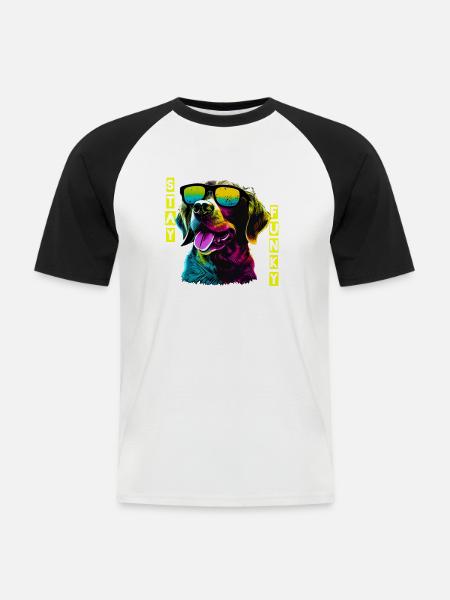 Funky Dog mit Sonnenbrille - Männer Baseball-T-Shirt - Weiß/Schwarz