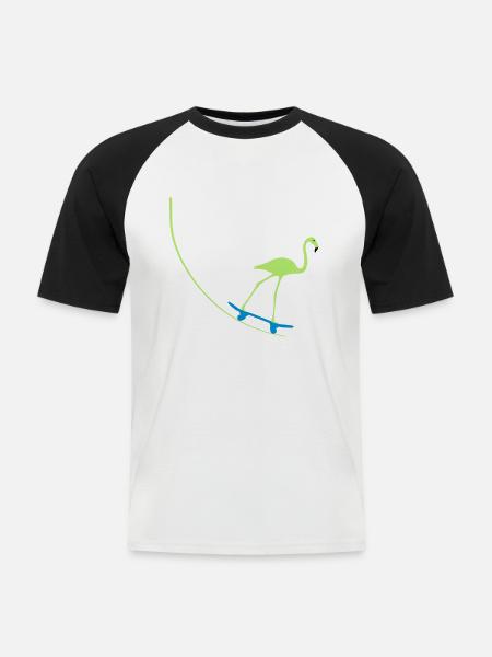 Flamingo on skateboard - Men's Baseball T-Shirt - white/black