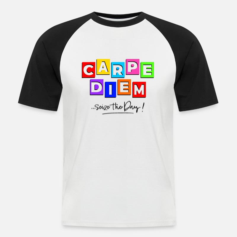 Carpediem im Comic-Stil - Männer Baseball-T-Shirt - Weiß/Schwarz