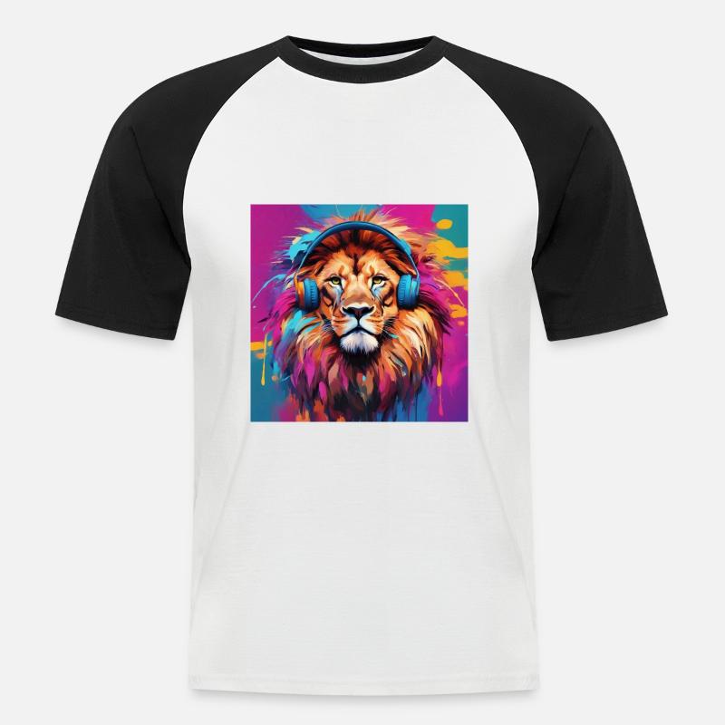 Löwe mit Kopfhörern - Männer Baseball-T-Shirt - Weiß/Schwarz