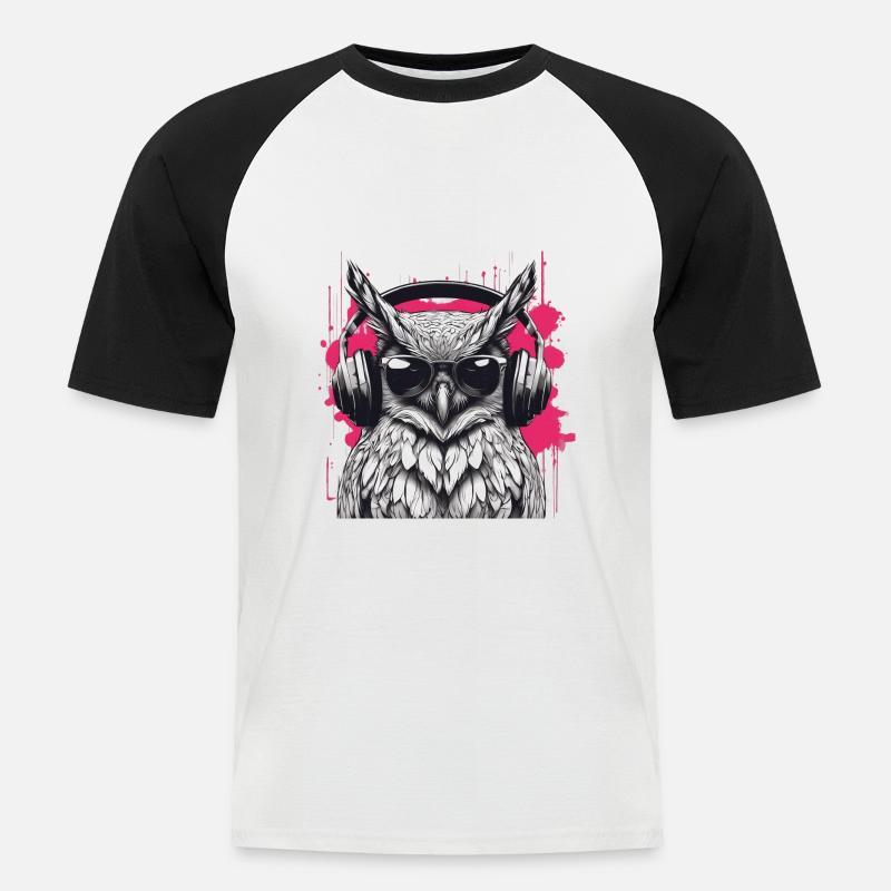 Eule mit Kopfhörer - Männer Baseball-T-Shirt - Weiß/Schwarz