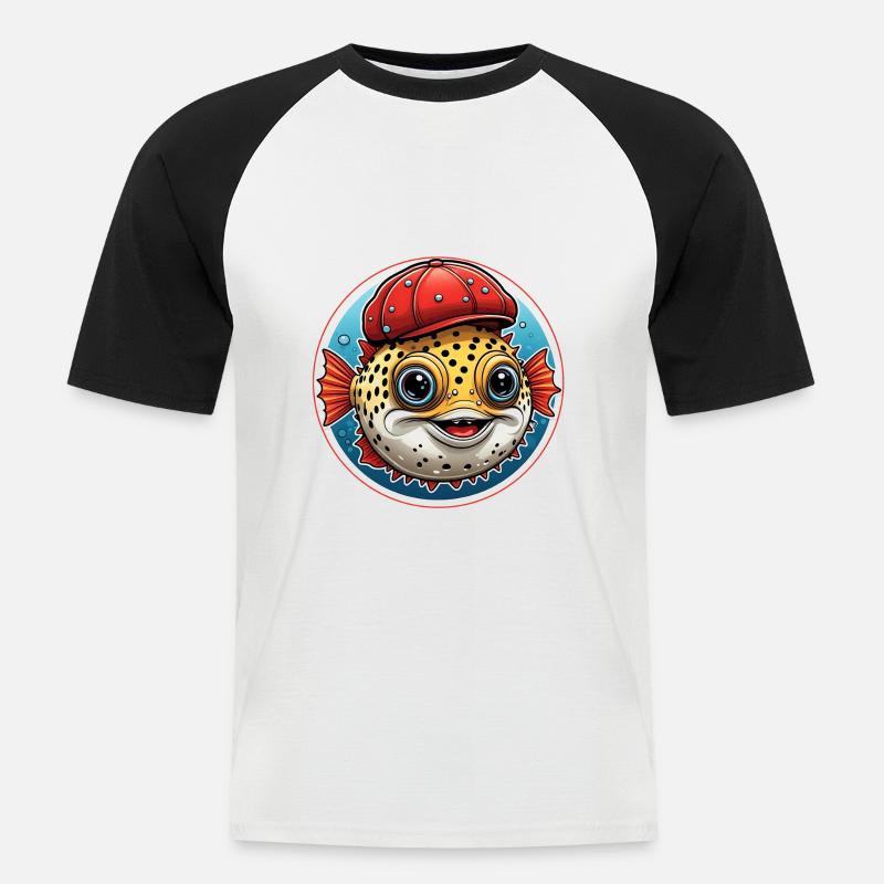Lustiger Kugelfisch mit roter Basecap - Männer Baseball-T-Shirt - Weiß/Schwarz
