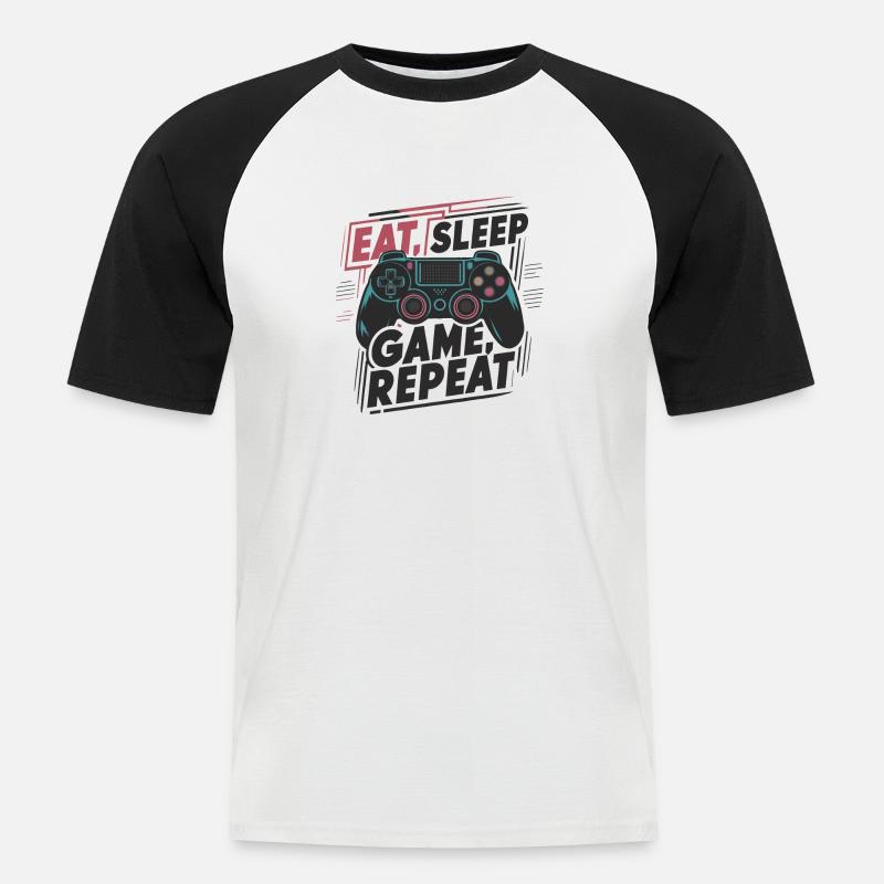 Eat, Sleep, Game, Repeat - Männer Baseball-T-Shirt - Weiß/Schwarz