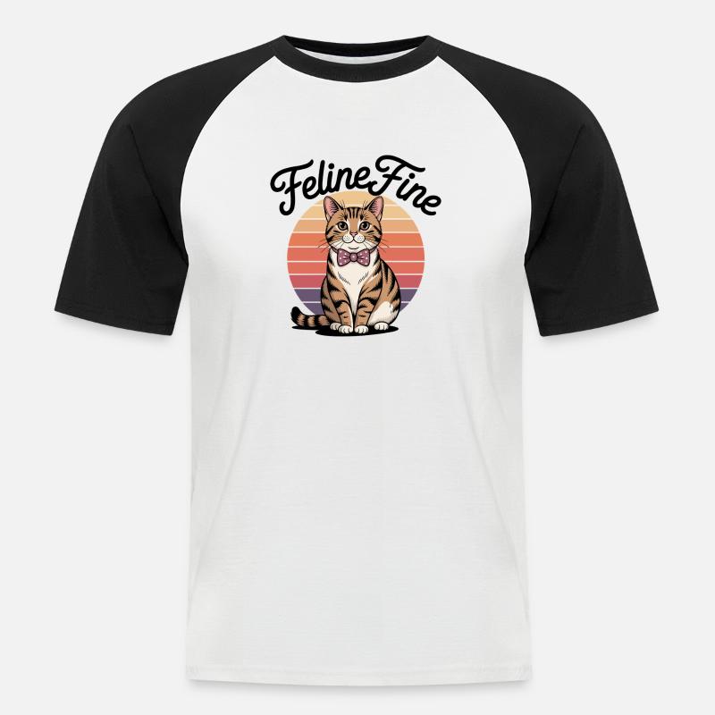 Feline Fine – Retro Sunset Cat - Männer Baseball-T-Shirt - Weiß/Schwarz