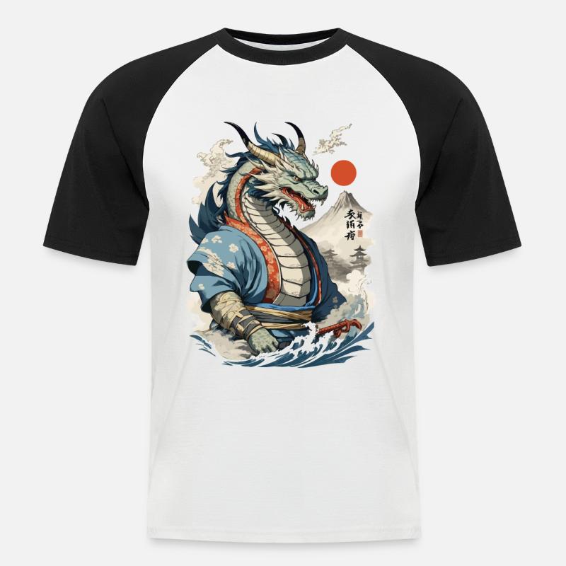 Samurai Ukiyo-E Kunst Japanische Drachen - Männer Baseball-T-Shirt - Weiß/Schwarz