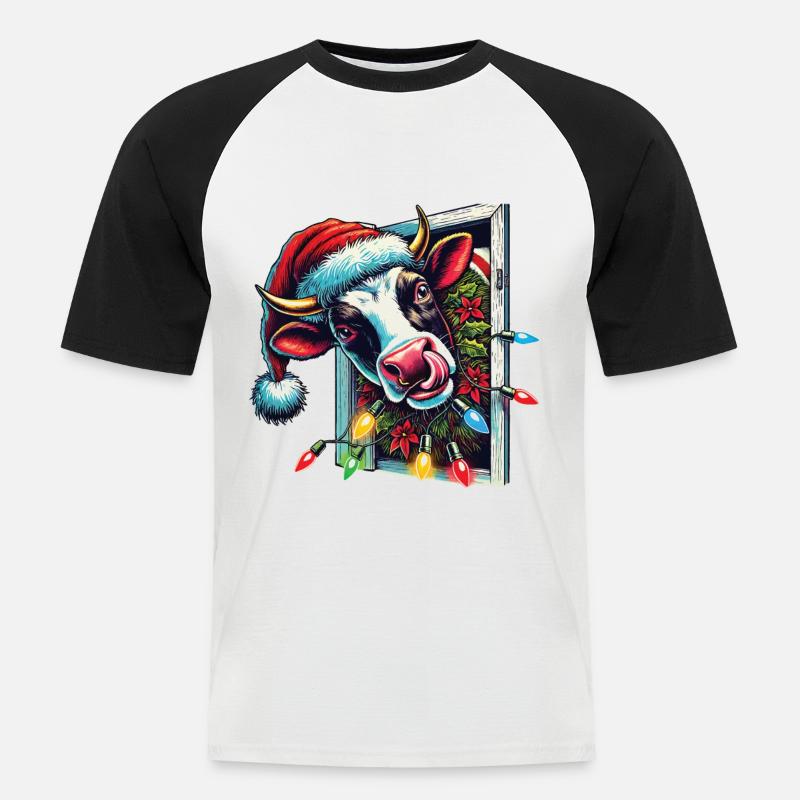 Lustige Weihnachtskuh Mit Lichtern - Männer Baseball-T-Shirt - Weiß/Schwarz