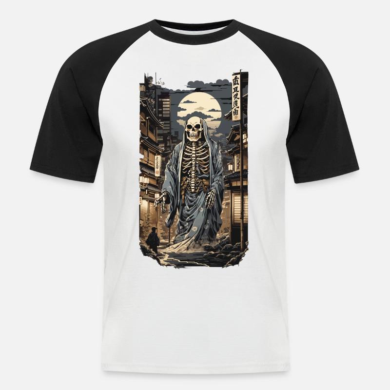 Ukiyo-E Yokai Scheletro Demone Edo Design Vintage - Maglia da baseball a manica corta da uomo - bianco/nero