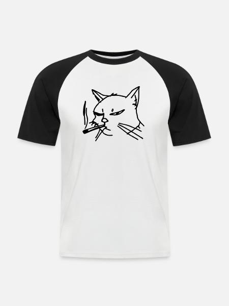 Smoking Cat Line Art - Men's Baseball T-Shirt - white/black