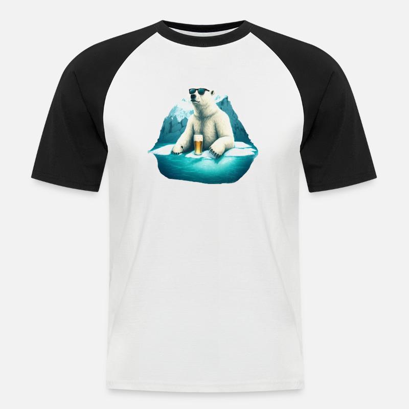 Cooler Eisbär mit Bier und Sonnenbrille - Männer Baseball-T-Shirt - Weiß/Schwarz