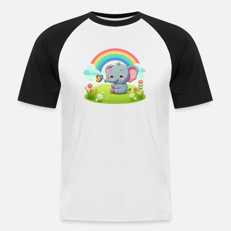 Fröhlicher Elefant und Regenbogen - Männer Baseball-T-Shirt - Weiß/Schwarz