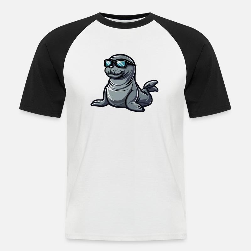 Robbe Tier Comic Cool - Männer Baseball-T-Shirt - Weiß/Schwarz