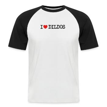 I love Ich liebe Dildos Vibrator Selbstbefriedigun - Männer Baseball-T-Shirt - Weiß/Schwarz - Vorne - Nik (191cm)