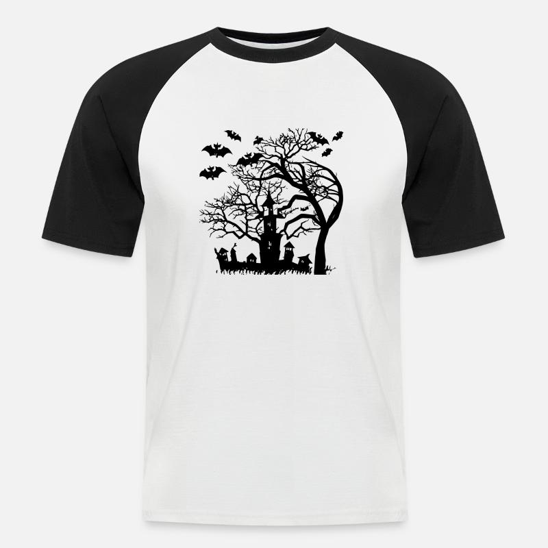 Helloween Tree with Bats - Männer Baseball-T-Shirt - Weiß/Schwarz