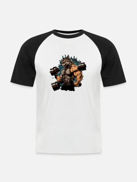 Der Wolfsmann im Kraftraum - Männer Baseball-T-Shirt - Weiß/Schwarz