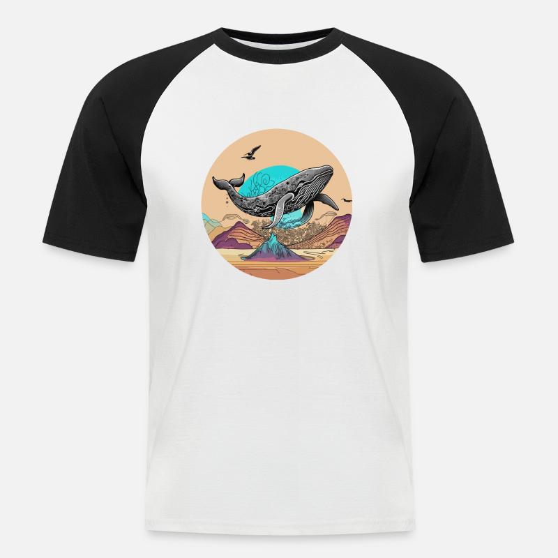 Psychedelische Wüste mit fliegendem Wal - Männer Baseball-T-Shirt - Weiß/Schwarz