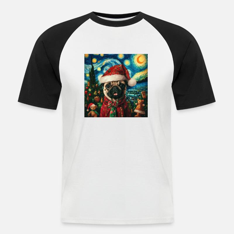 Weihnachtsmops - Van Gogh Style - Männer Baseball-T-Shirt - Weiß/Schwarz