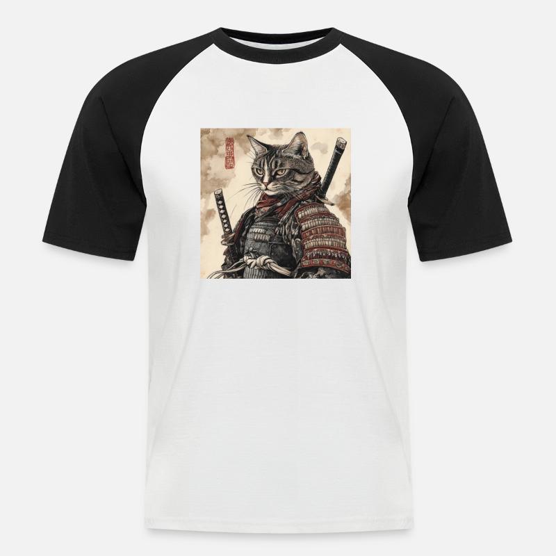 Katze Samurai Japan Ukiyo-E - Männer Baseball-T-Shirt - Weiß/Schwarz