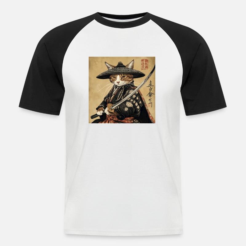 Katze Samurai Japan Ukiyo-E - Männer Baseball-T-Shirt - Weiß/Schwarz